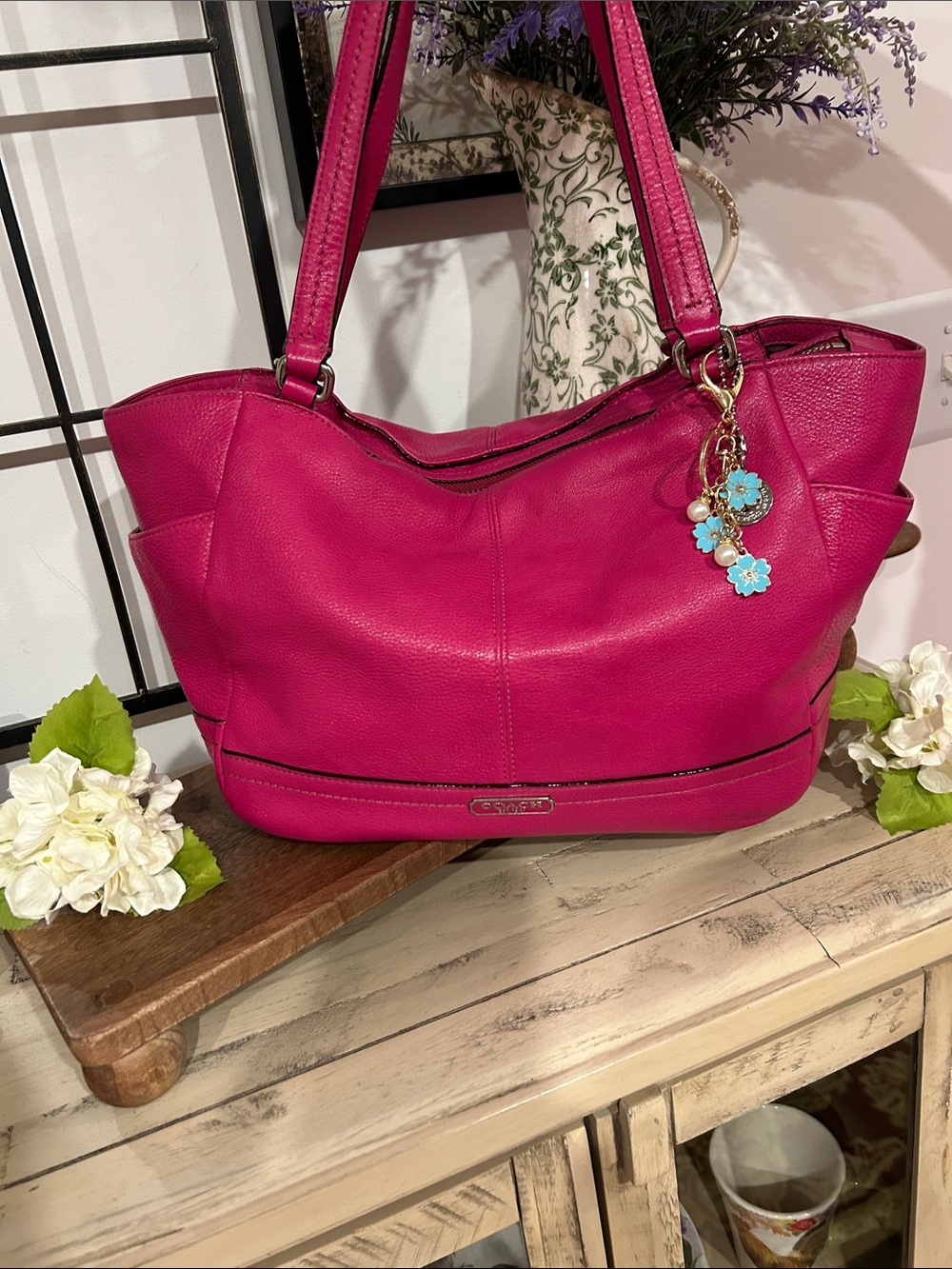 Coach Bright Fuchsia Leather Tote with Floral Charm